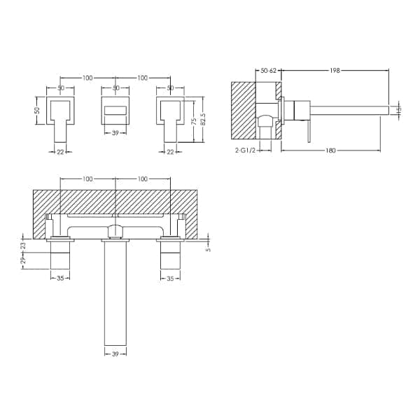 Nuie Wall Mounted Taps,Basin Mixer Taps,Modern Taps Nuie Sanford 3-Hole Wall Mounted Basin Mixer Tap - Chrome