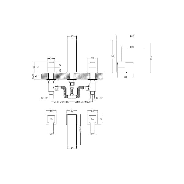 Nuie Wall Mounted Taps,Basin Mixer Taps,Modern Taps Nuie Sanford 3-Hole Wall Mounted Basin Mixer Tap With Pop Up Waste - Chrome