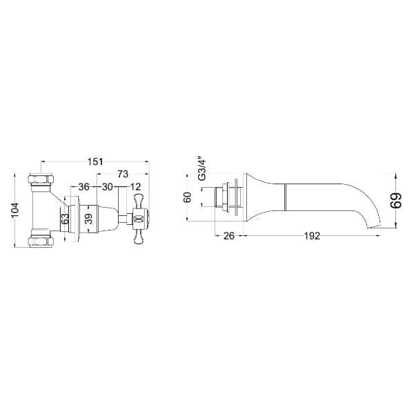 Nuie Bath Filler Taps,Traditional Taps,Deck Mounted Taps Nuie Selby Xhead 3-Hole Bath Filler Tap - Chrome