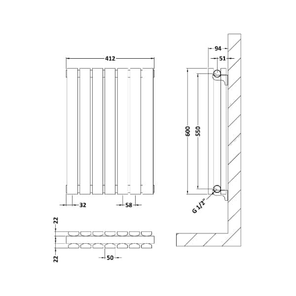 Nuie Horizontal Designer Radiators,Modern Designer Radiators Nuie Sloane Double Panel Horizontal Designer Radiator - 600mm x 412mm