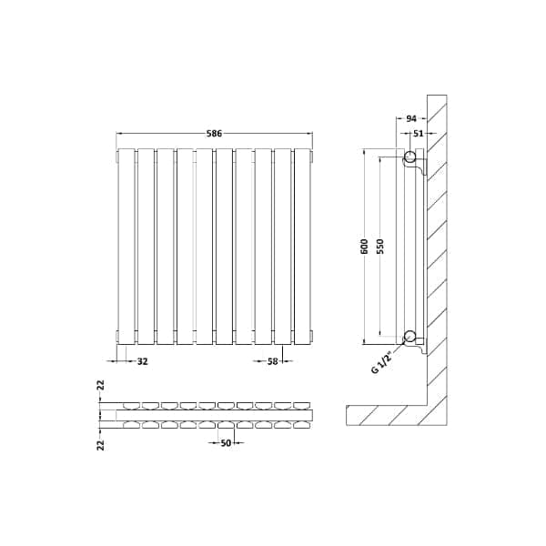 Nuie Horizontal Designer Radiators,Modern Designer Radiators Nuie Sloane Double Panel Horizontal Designer Radiator - 600mm x 586mm