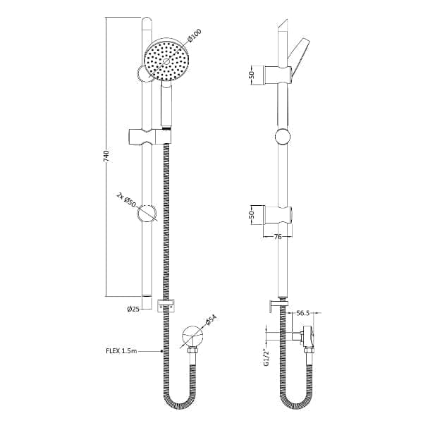 Nuie Shower Riser Rails & Slider Kits Nuie Water Saving 740mm High Shower Slider Rail Kit - Chrome