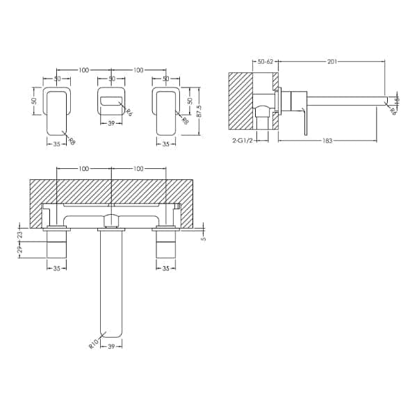 Nuie Wall Mounted Taps,Basin Mixer Taps,Modern Taps Nuie Windon 3-Hole Wall Mounted Basin Mixer Tap - Chrome