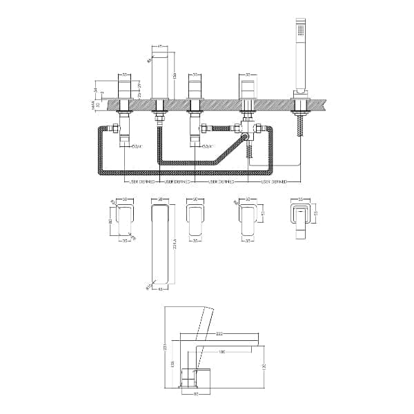 Nuie Bath Shower Mixer Taps,Deck Mounted Taps,Modern Taps Nuie Windon 5-Hole Bath Shower Mixer Tap - Chrome