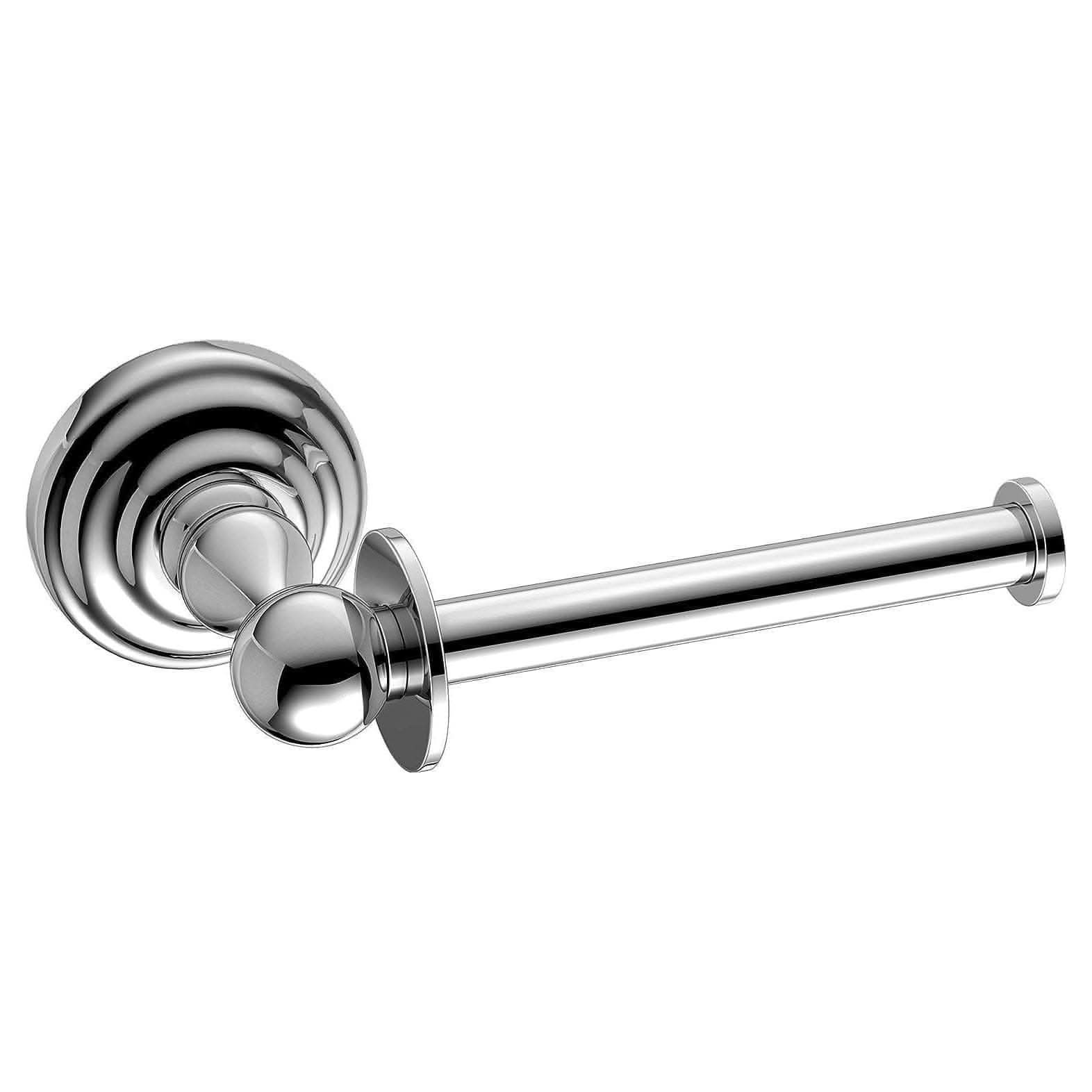 The iBathUK Traditional Wall Mounted Toilet Roll Holder - Chrome features a round base and horizontal bar, offering a sleek, classic design to keep your toilet paper roll organized in any bathroom.