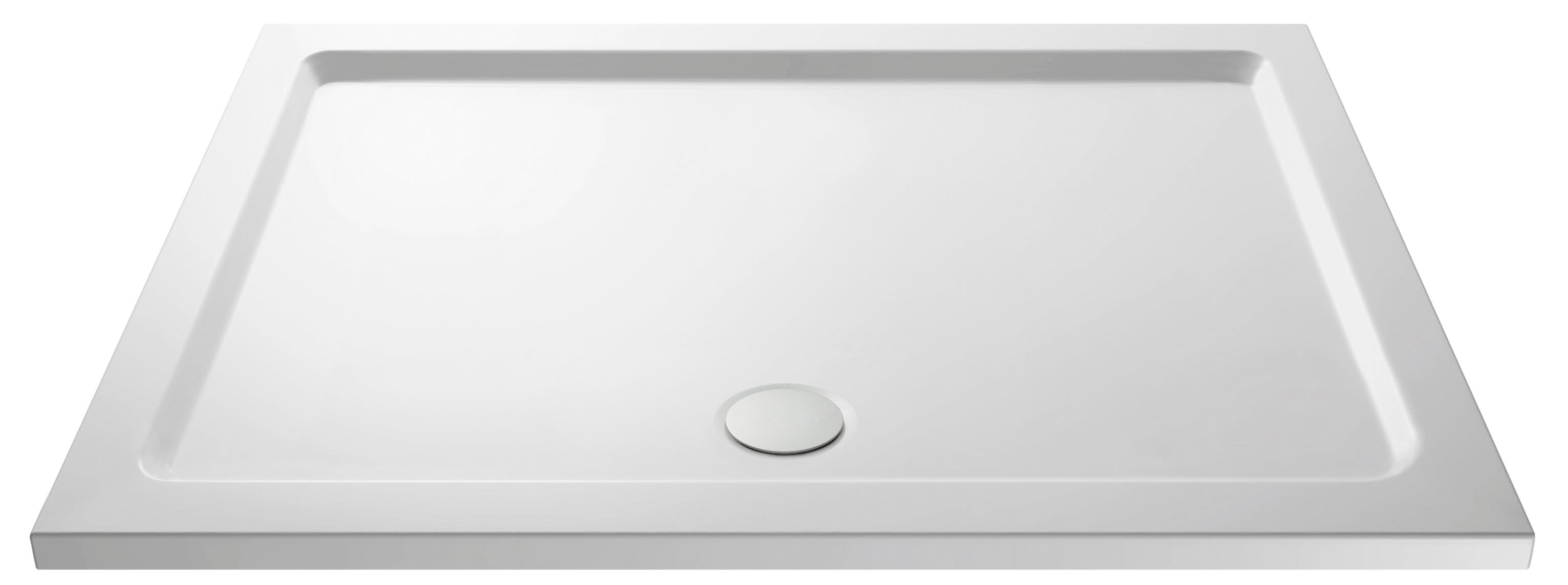 The Nuie Pearlstone Rectangular Shower Tray in white features a smooth surface and a corner circular drain, making it ideal for contemporary bathrooms.
