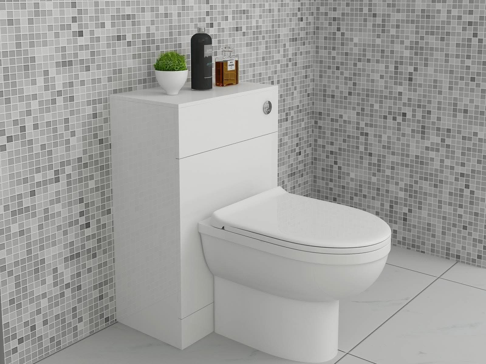 VeeBath Toilets > Back To Wall Toilets D-Shaped 600 x 300mm VeeBath Bathroom Toilet Furniture with Soft Close Seat and Cistern