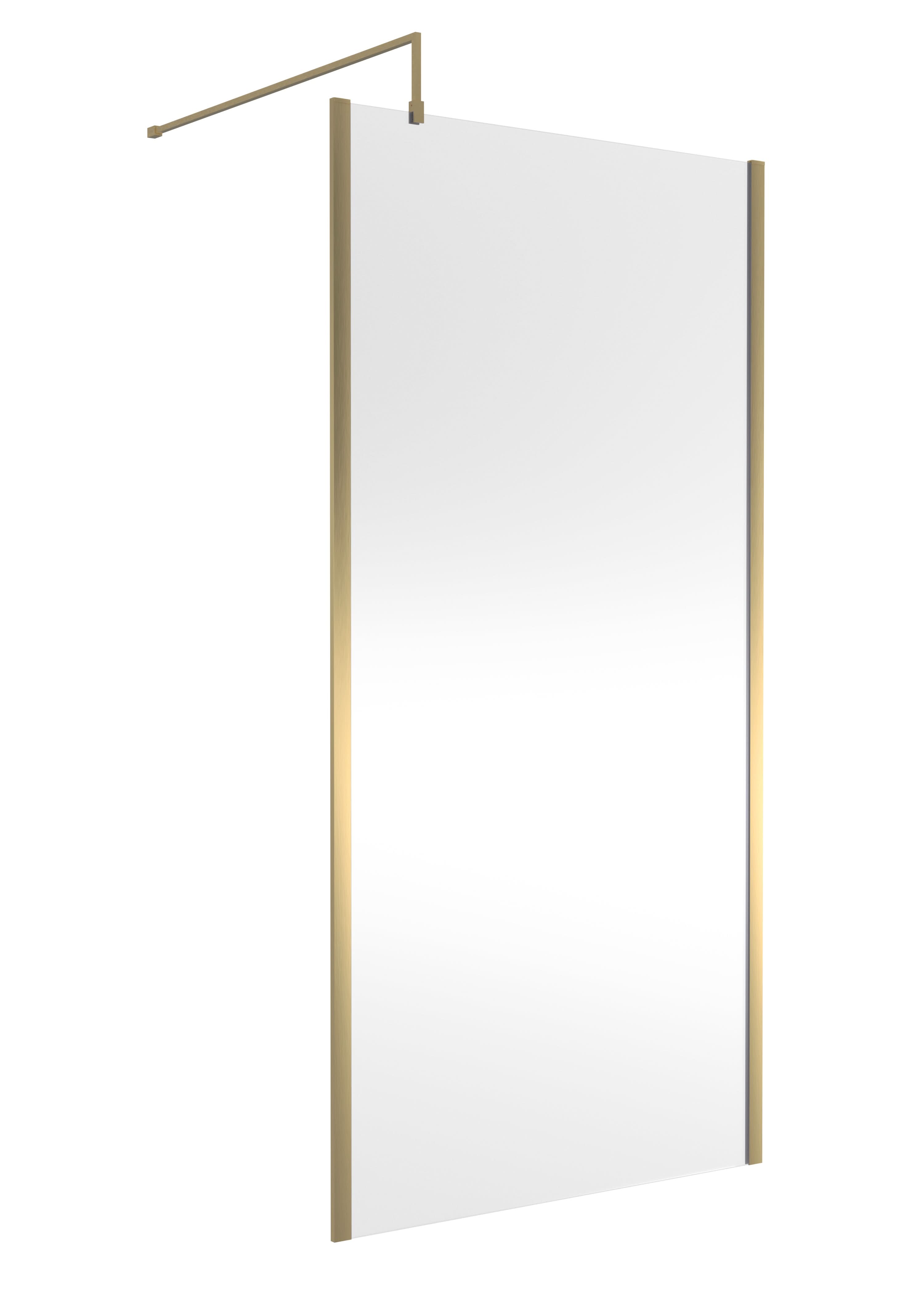The Nuie Outer Framed Wetroom Screen by Nuie features clear, frameless glass with two vertical gold-tone metal edges and a matching top support bar, shown mounted against a white background.