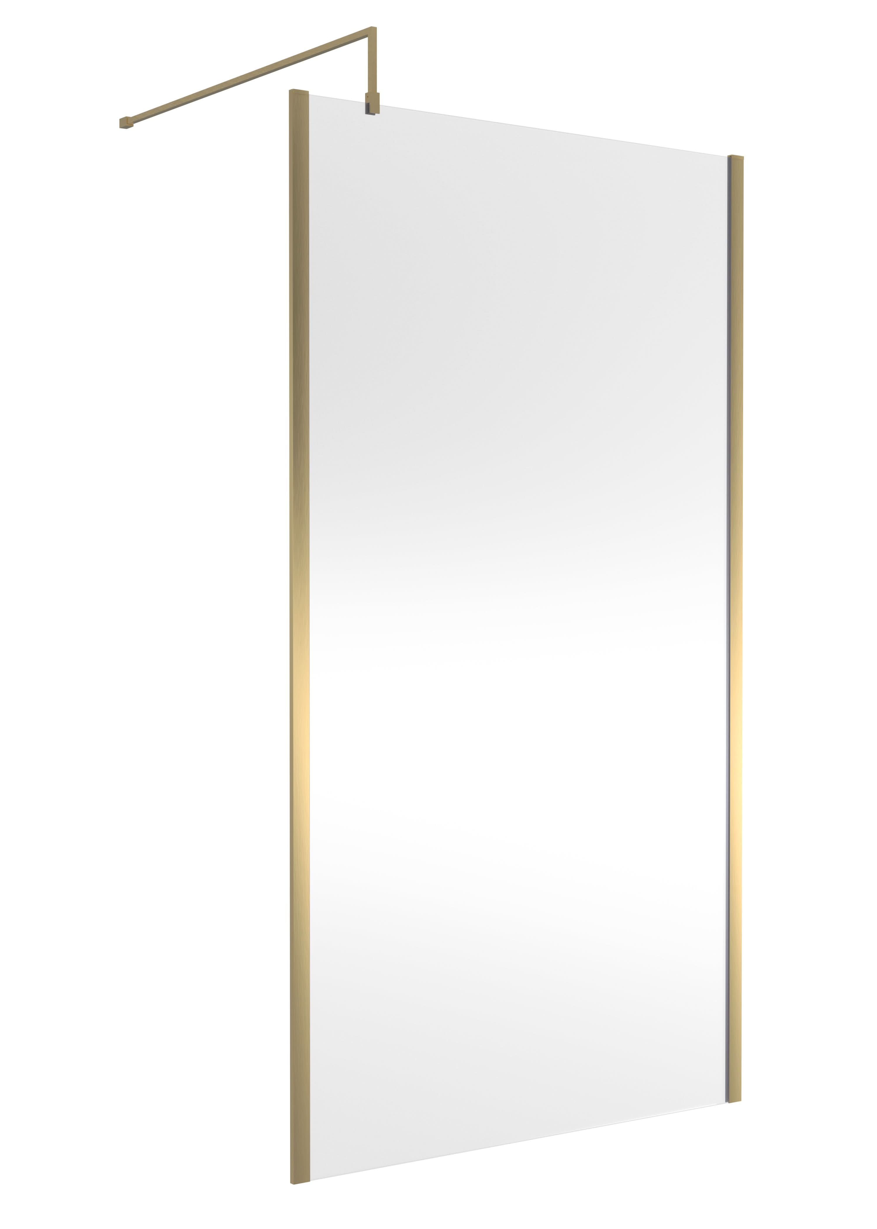 The Nuie Outer Framed Wetroom Screen features a frameless rectangular glass design with slim, brass-colored vertical side bars and a matching support bar extending from the top corner. Brand: Nuie.