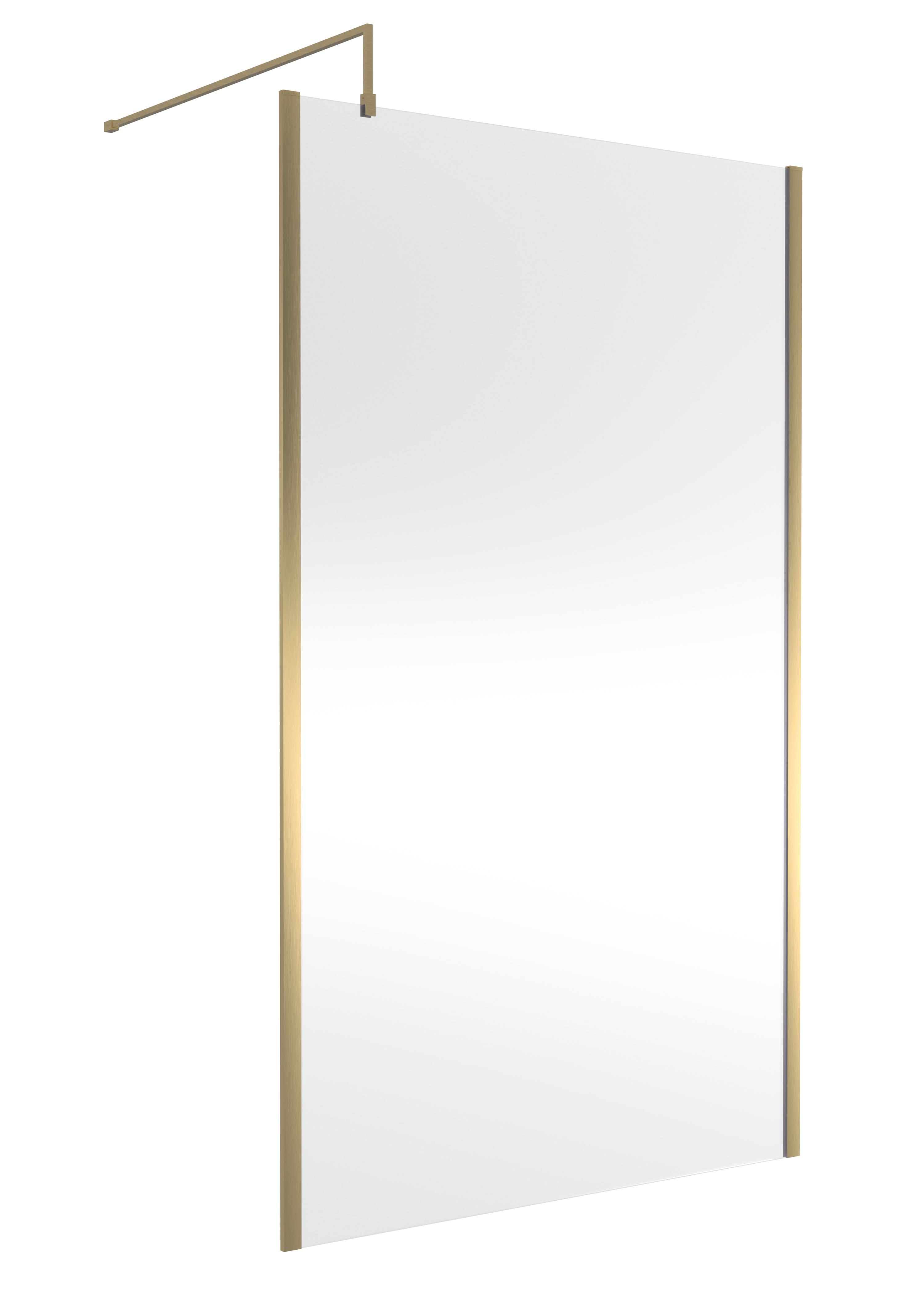 The Nuie Outer Framed Wetroom Screen features two vertical gold side bars and a matching gold support bar for wall mounting, offering a stylish and modern alternative to traditional framed wetroom screens.