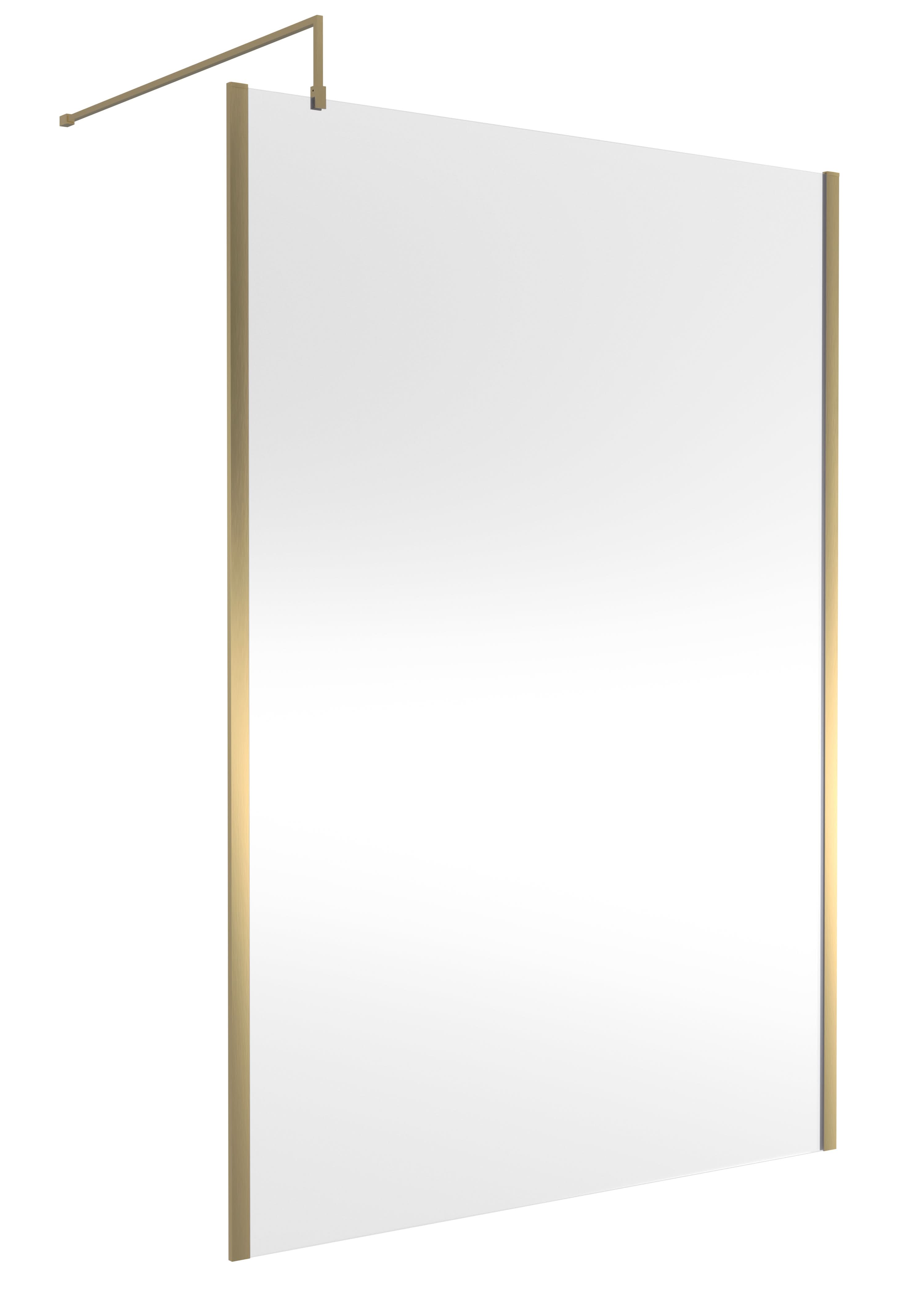 The Nuie Outer Framed Wetroom Screen by Nuie features a large rectangular design with slim gold-colored metal edges and a matching support bar at the top left, set against a plain white background.