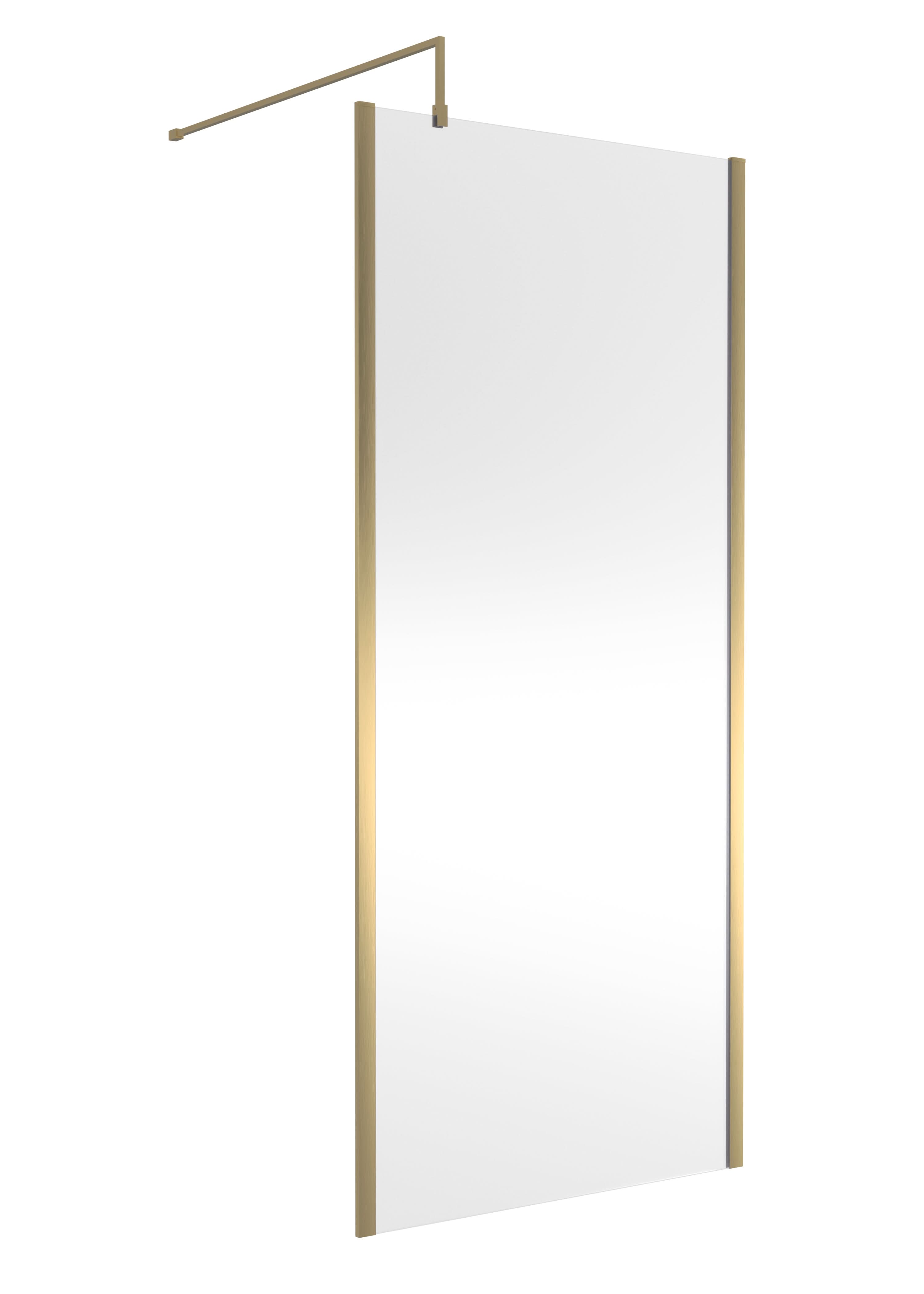 The Nuie Outer Framed Wetroom Screen with Support Bar features a gold trim and a top gold support bar. Its clear glass design provides a sleek, minimalist look, making it an elegant choice for any modern bathroom by Nuie.