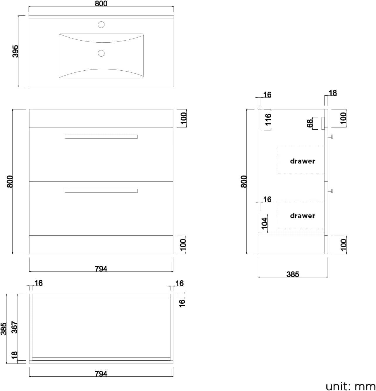 Avon 2 Drawer Floorstanding Vanity Unit With Basin - 800mm x 800mm - 1 Tap Hole - Gloss White