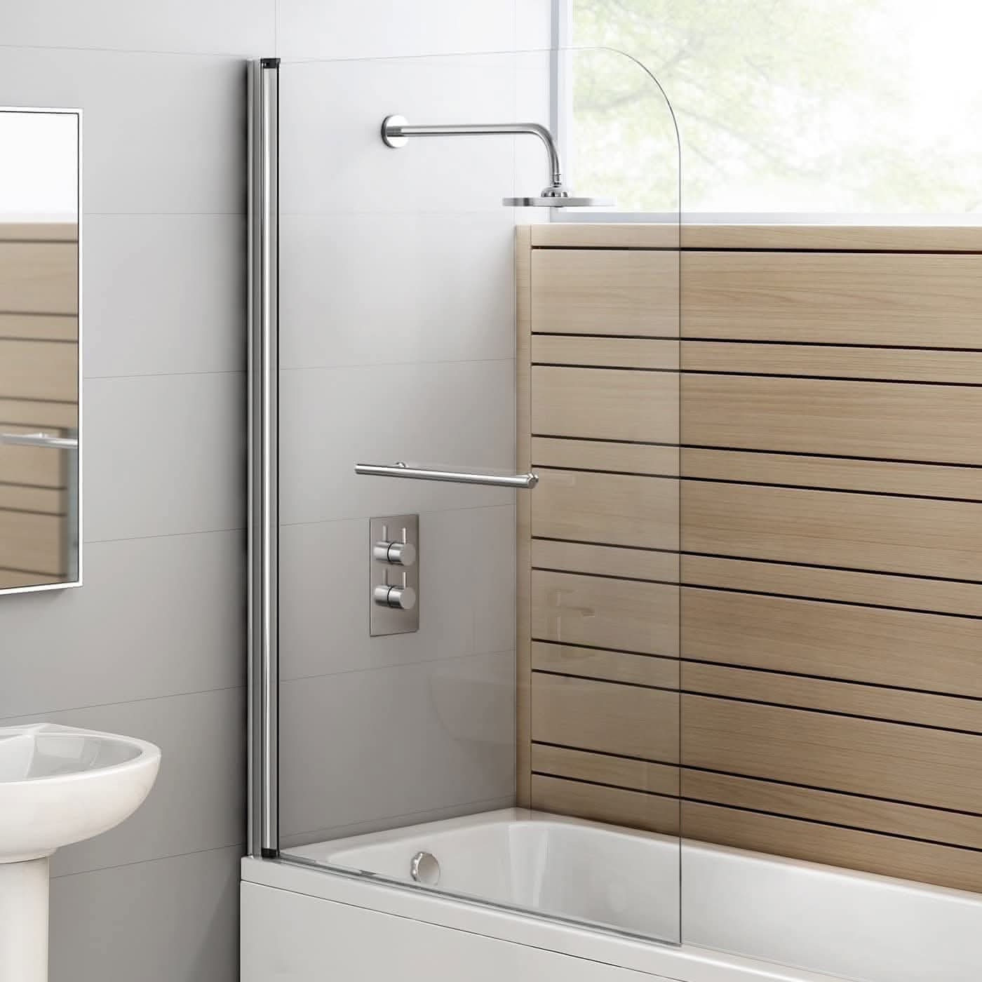Modern Shower Reversible Bath Screen With Panel And Towel Rail - 1400mm x 1000mm - Chrome
