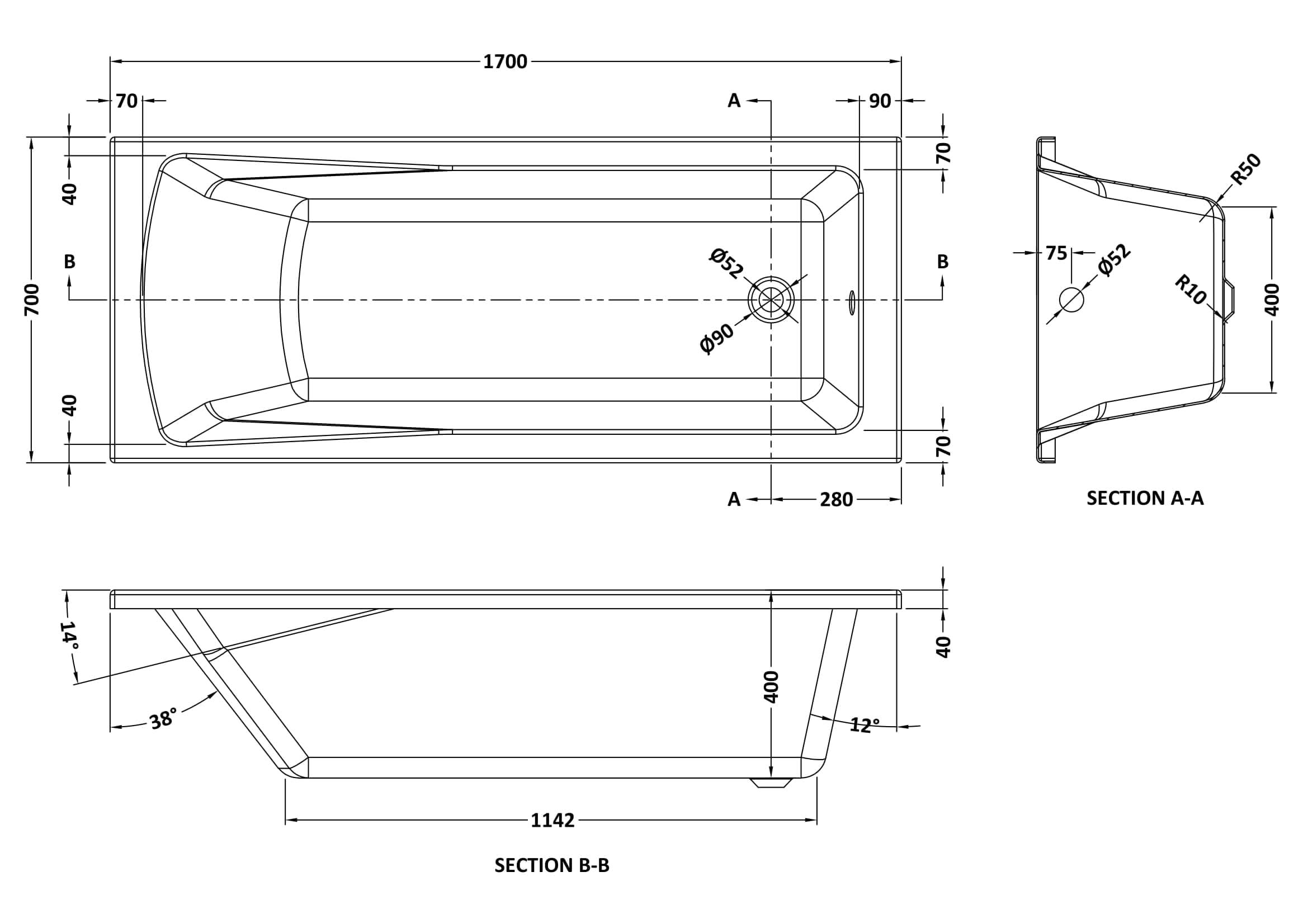 iBathUK Lunex Standard Square Single Ended Bath, Durable Acrylic Bathtub with Modern Straight Edge Design, 1700 x 700mm