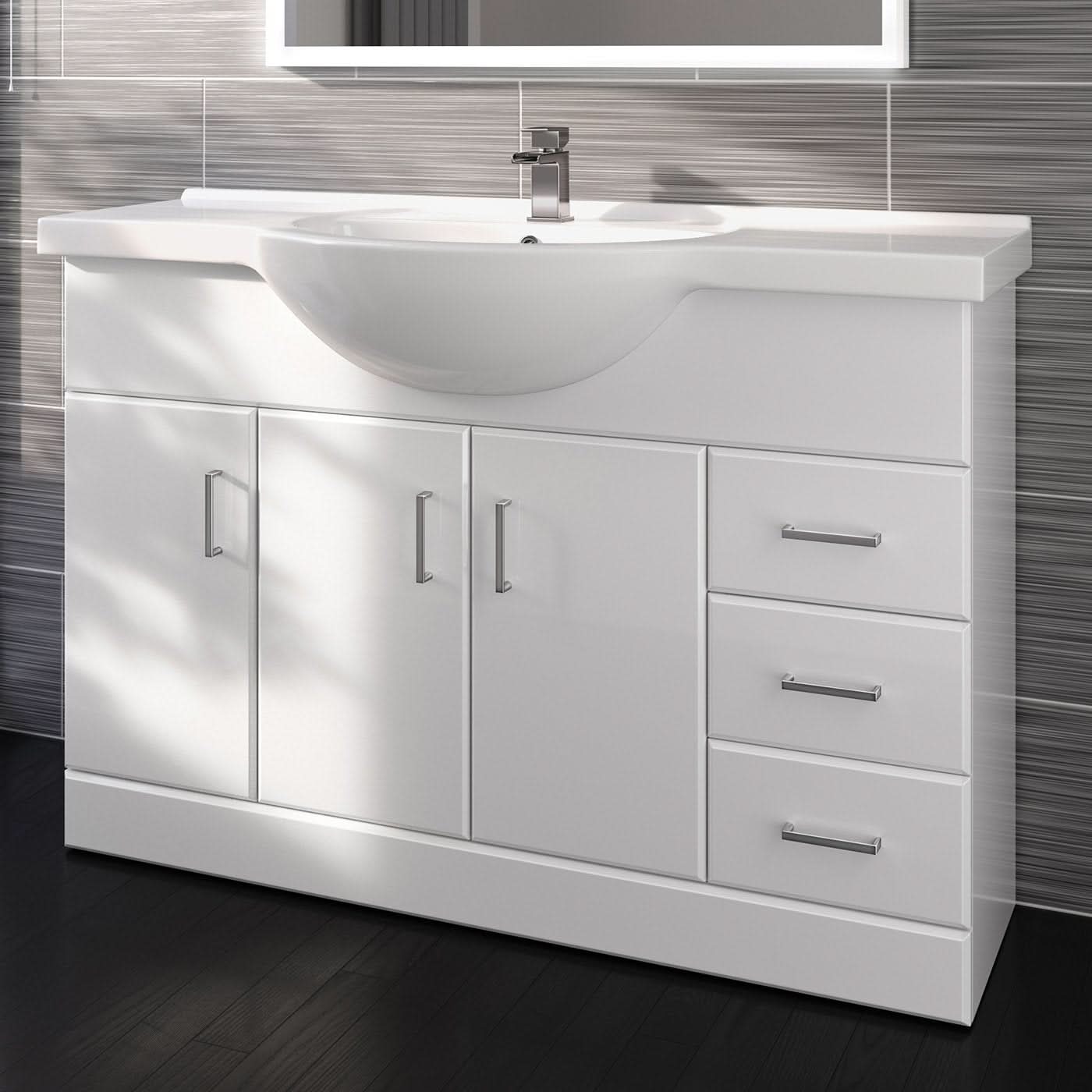 iBathUK Quartz Basin Vanity Unit, Sink Cabinet with Drawers, Modern Bathroom Storage Furniture, Vanity Unit with Basin, White Gloss, 1200mm