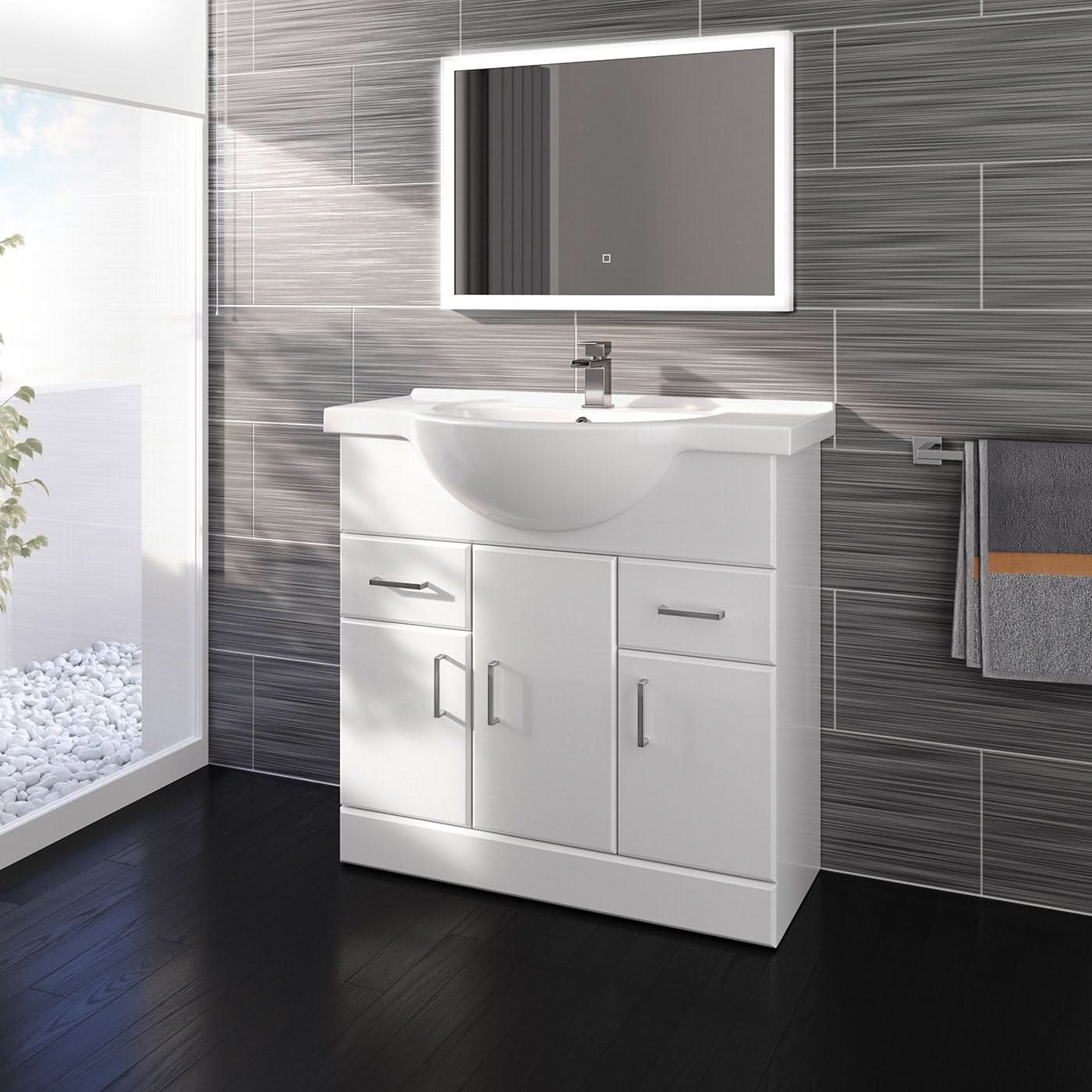 iBathUK Quartz Basin Vanity Unit, Bathroom Sink Cabinet with Storage, Modern Space-Saving Furniture, Vanity Unit with Basin, White Gloss, 850mm