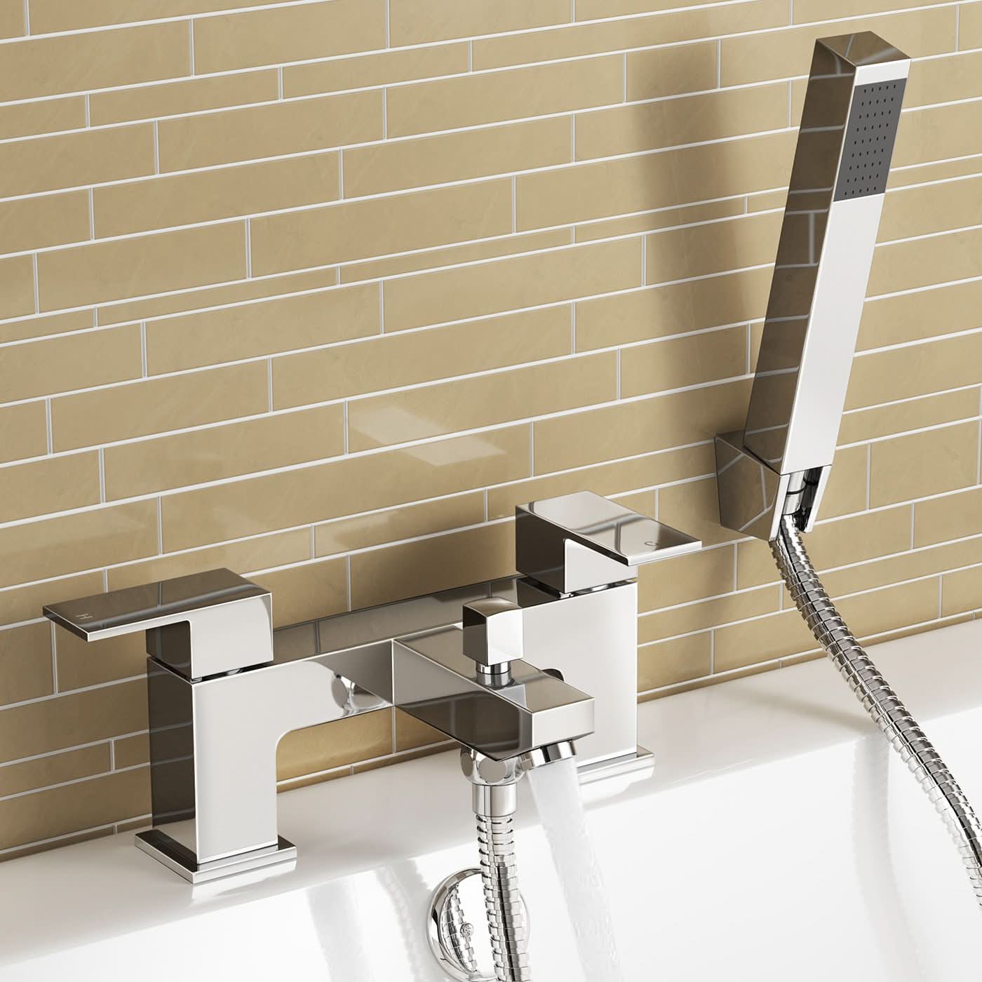iBathUK Talrix Bath Filler Mixer Tap & Hand-Held Shower Head Set, Deck-Mounted Dual-Lever Bath Tap with Handset, Bathroom Filler Taps, Chrome