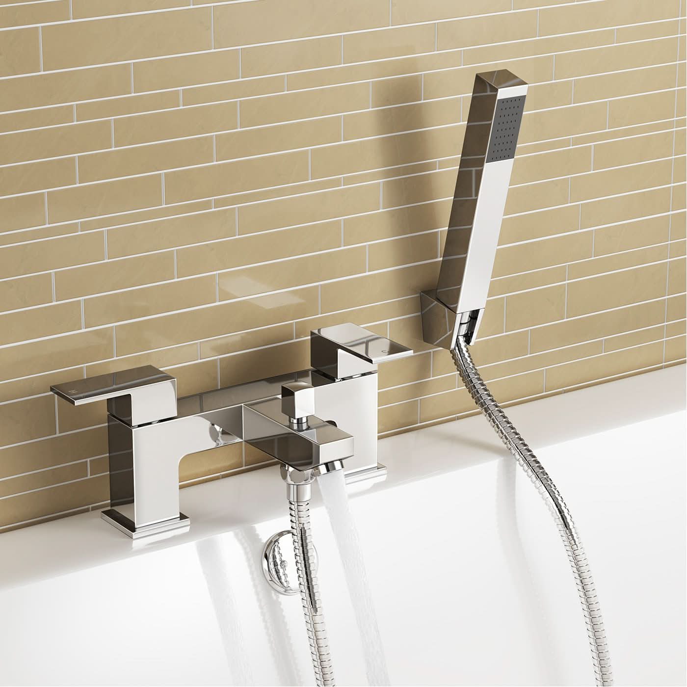 iBathUK Talrix Bath Filler Mixer Tap & Hand-Held Shower Head Set, Deck-Mounted Dual-Lever Bath Tap with Handset, Bathroom Filler Taps, Chrome