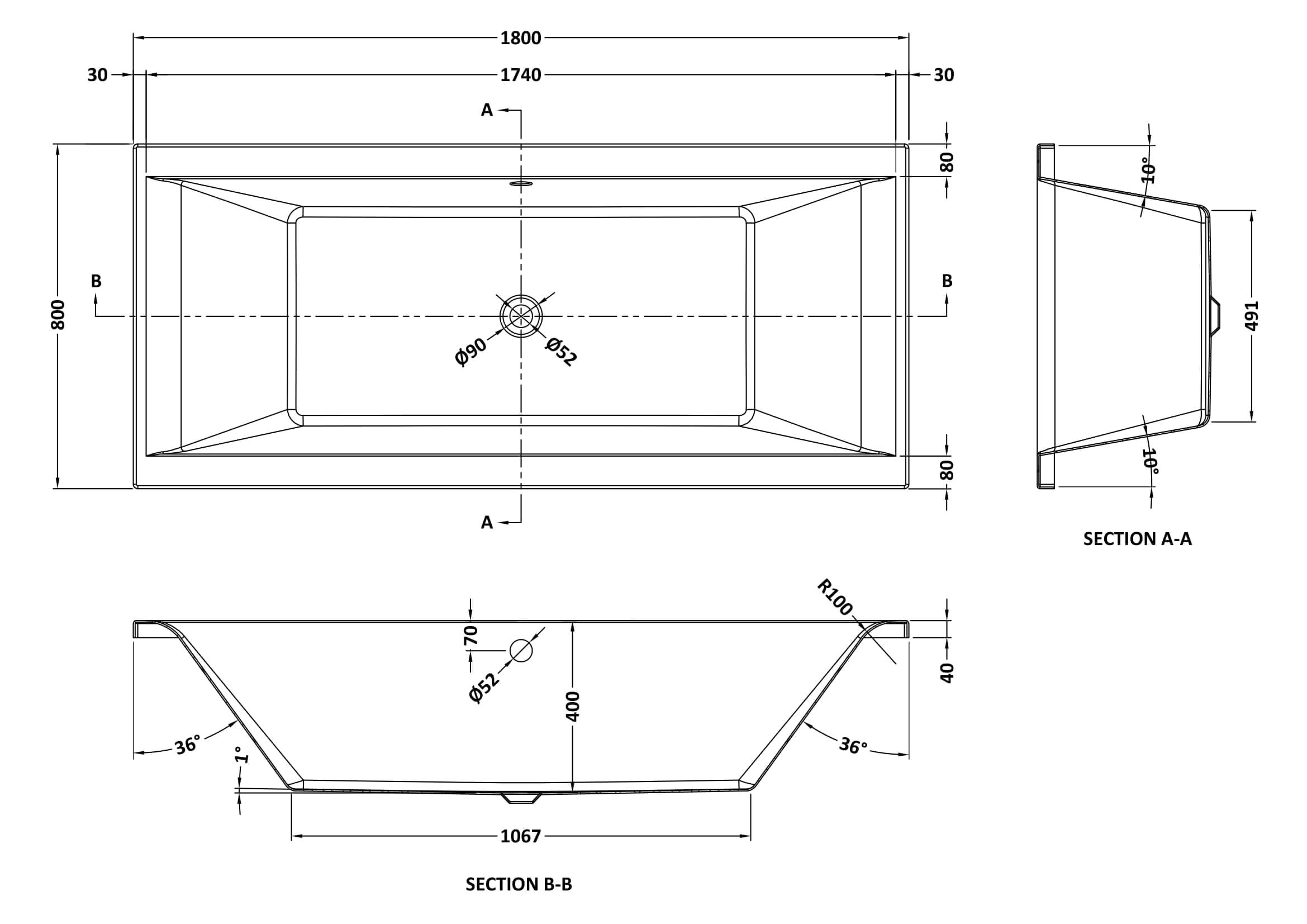 iBathUK Strava Double Ended Rectangular Acrylic Bathtub with Adjustable Feet, Modern White Gloss Bathroom Tub, 1800 x 800mm