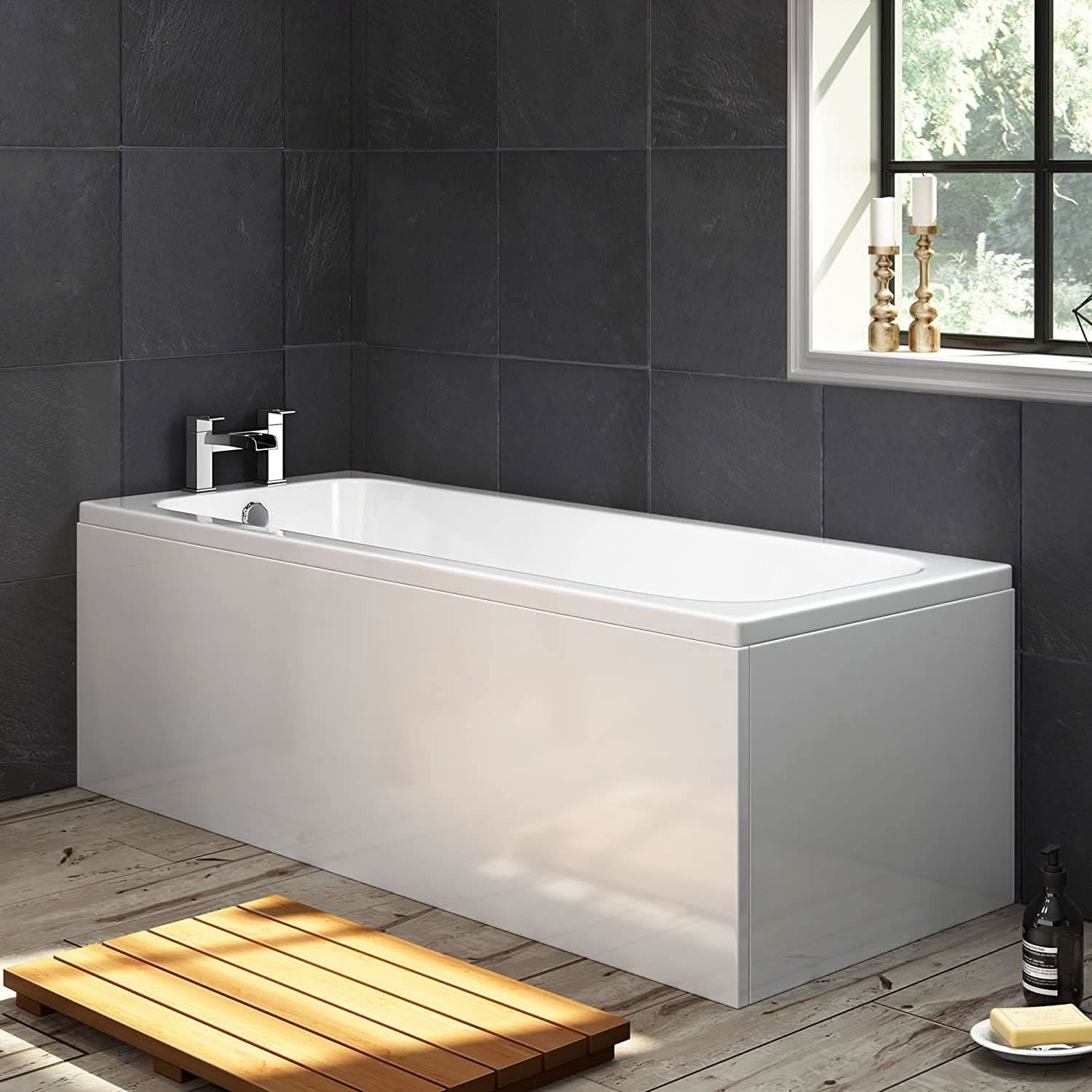 iBathUK Arvon Single Ended Rectangular Acrylic Bathtub with Adjustable Feet, Modern White Gloss Bathroom Tub, 1700 x 750mm