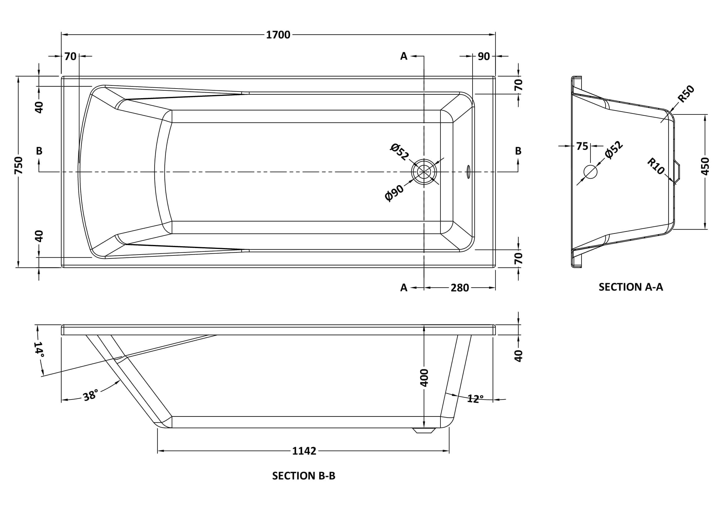 iBathUK Arvon Single Ended Rectangular Acrylic Bathtub with Adjustable Feet, Modern White Gloss Bathroom Tub, 1700 x 750mm