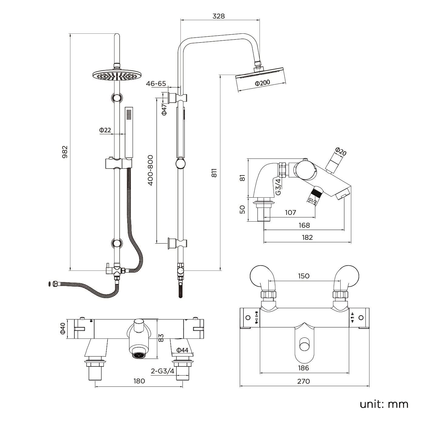 iBathUK Elevex Thermostatic Shower Mixer Set with Bath Filler, Fixed Head & Handset - Chrome