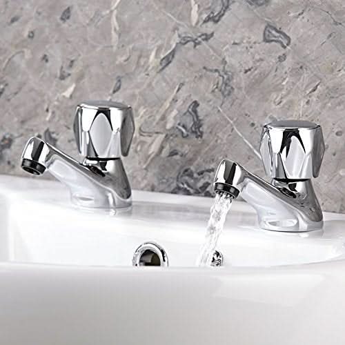 Essentials Round Dome Twin Hot and Cold Sink Basin Taps Brass Faucet Pair with Ceramic Disc Technology - Chrome