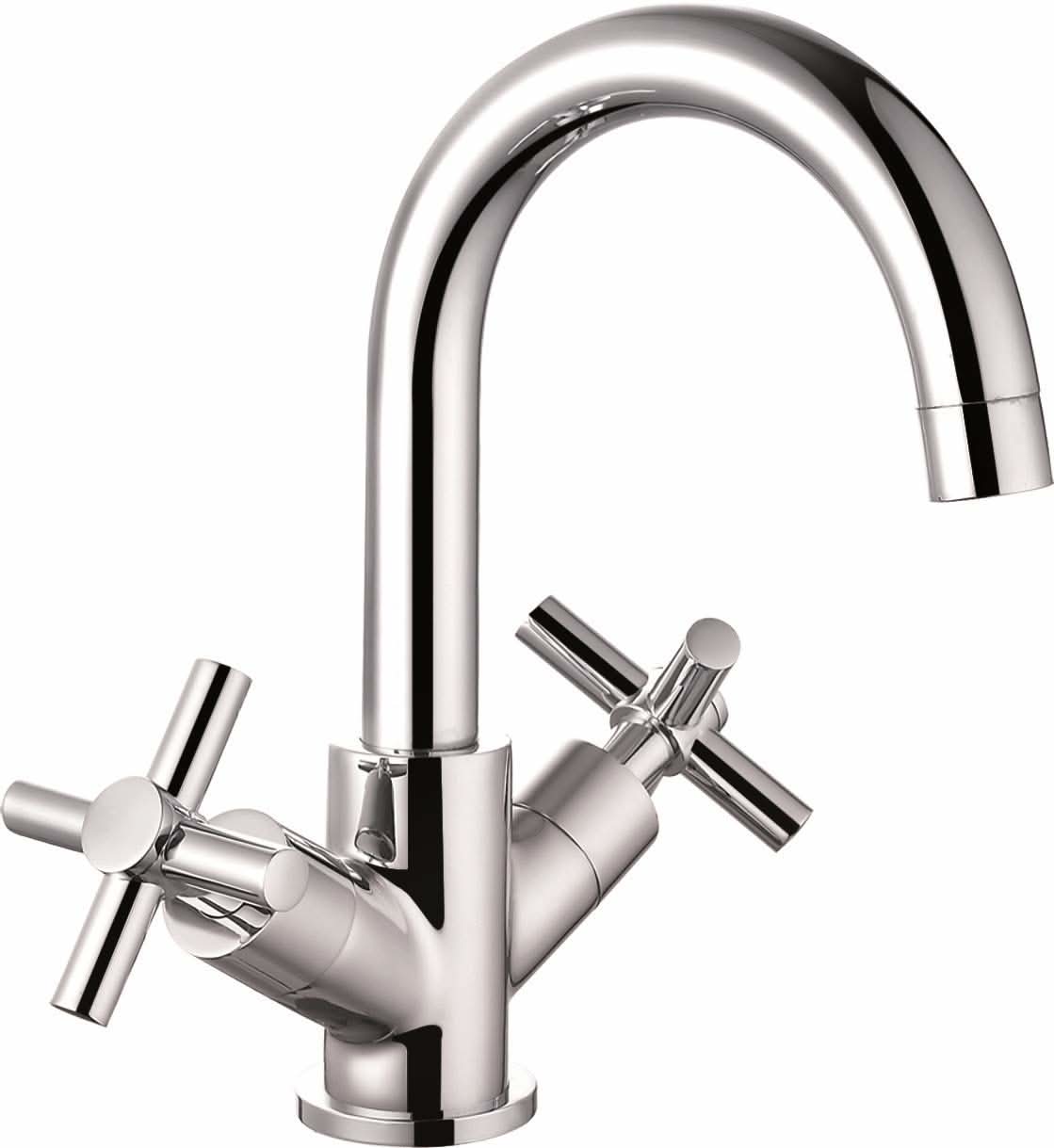 Elmbridge Crosshead Mono Basin Mixer Tap Brass with Spring Plug Push Button Waste 1/2" BSP Fitting and Flexi Pipes - Chrome