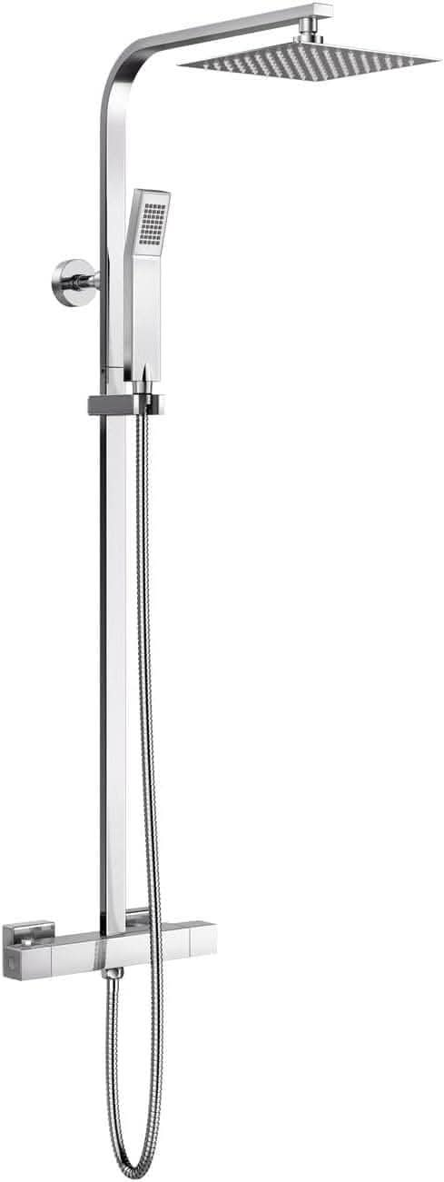 Cosmo Thermostatic Bar Valve & Riser Kit with Triple Square Shower Head & Bath Spout - Chrome