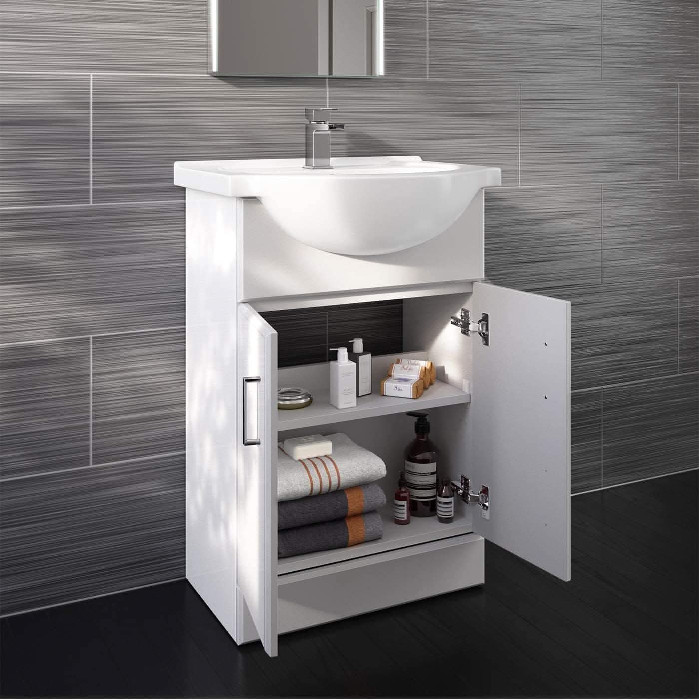 Quartz Modern Bathroom Combination Set in Gloss White featuring a vanity unit with storage, sleek WC unit, and basin. Ideal for contemporary UK bathrooms.