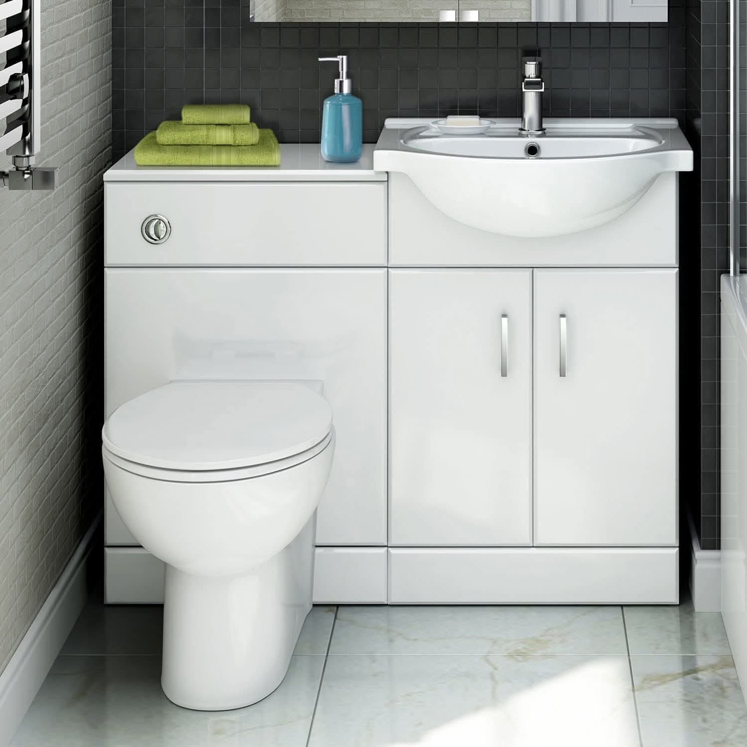 1048mm White Gloss Vanity Unit Round Toilet Bathroom Sink Storage Furniture - Stylish design, space-saving, ideal for modern UK bathrooms.