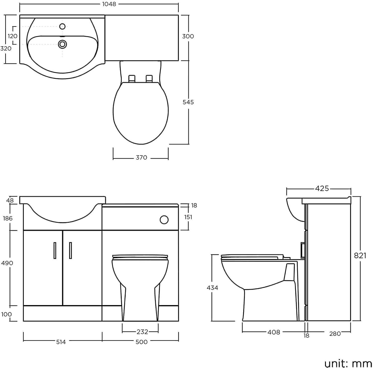 1048 mm White Gloss Vanity Unit Round Toilet Bathroom Sink Storage Furniture