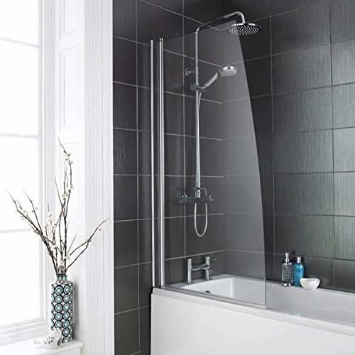 VeeBath Curira Sail Edge Toughened Safety Glass Bath Screen, Clear Modern Shower Door Panel in Chrome Finish, 1400 x 800mm
