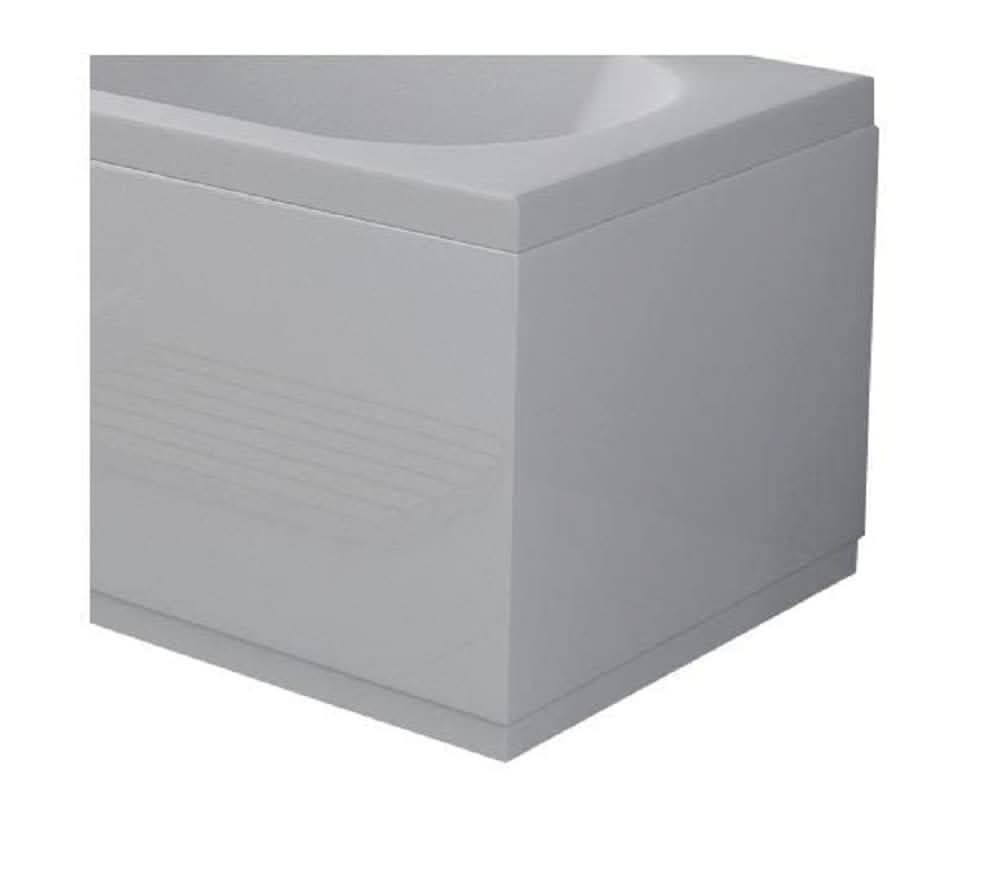 Close-up view of the corner of a VeeBath 700 Acubase End Panel 2pc in White Gloss, showcasing its smooth, glossy finish and sleek, modern design with focus on the bottom and side panels.