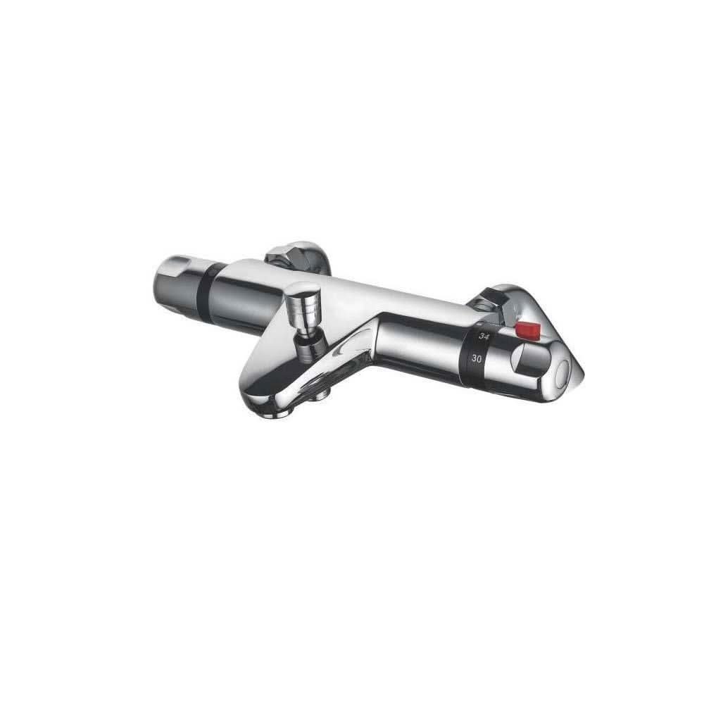 iBathUK Sola Slim Thermostatic Exposed Deck Mounted Shower Bar Mixer Valve with Bath Tap, Bathroom Tap Set with Shower, Chrome