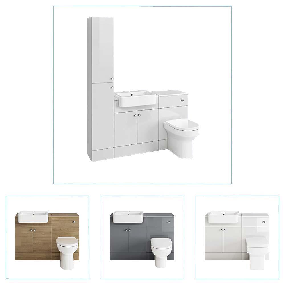 iBathUK Harper Combined Vanity Unit Bathroom Suite, Basin Cabinet with Back to Wall Toilet WC & Pan, Modern Vanity Unit with Basin Gloss White