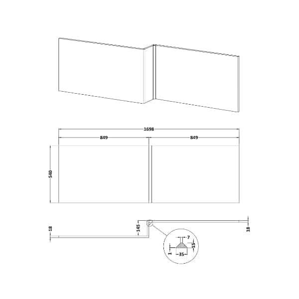 Technical drawing of the Nuie 1700mm Shower Bath Front Panel by Nuie, featuring a central fold. Depicts front, side, and top views with dimensions: 1698mm width, 540mm height, 35mm thickness; includes hole detail.
