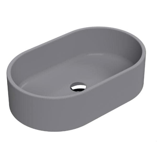 The Nuie 565mm Sit-On Countertop Basin by Nuie is a modern, oval-shaped gray basin with smooth edges and a central drain hole, displayed from an angled top-down view against a white background.