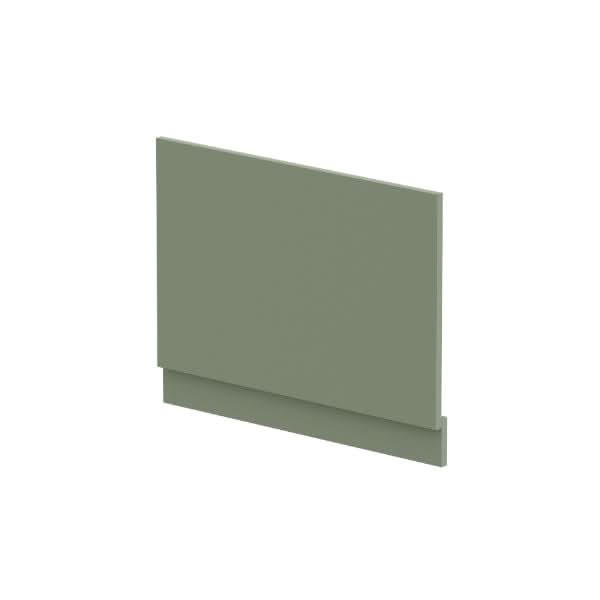 The Nuie 750mm Straight Shower Bath End Panel With Plinth is a rectangular, flat acrylic bath panel in muted green by Nuie, featuring a small horizontal base plinth, shown against a white background.