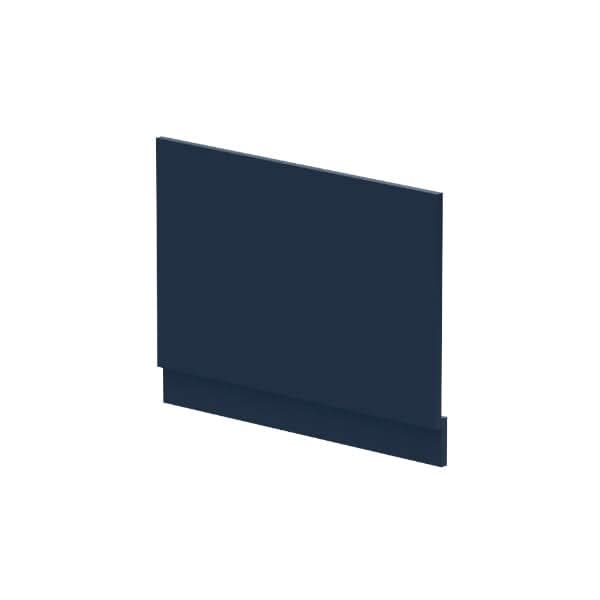 The Nuie 750mm Straight Shower Bath End Panel With Plinth by Nuie is a dark blue, rectangular acrylic panel with a thicker base, displayed against a plain white background.