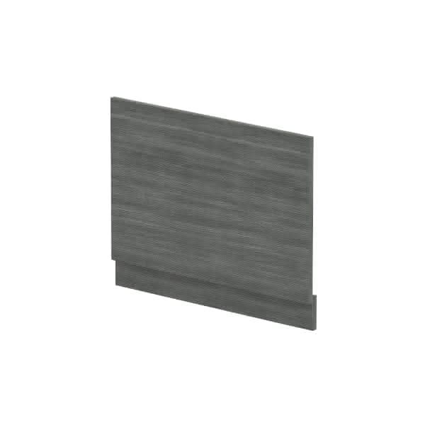 The Nuie 750mm Straight Shower Bath End Panel With Plinth by Nuie is a rectangular, dark gray wood-textured panel with a subtle horizontal grain, shown angled against a white background.
