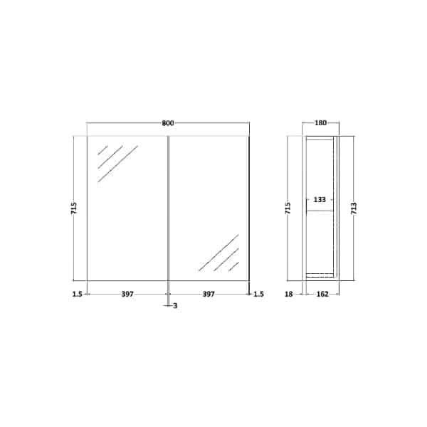 Nuie Arno 2 Door Non Illuminated Mirrored Cabinet (50/50) 715mm x 600mm