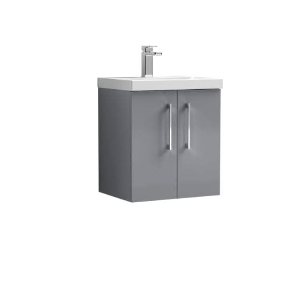 The Nuie Arno 2 Door Wall Hung Vanity Unit With Basin-1, 500mm wide, features two gray doors with metal handles and a white sink. This modern Nuie unit is shown against a plain white background.