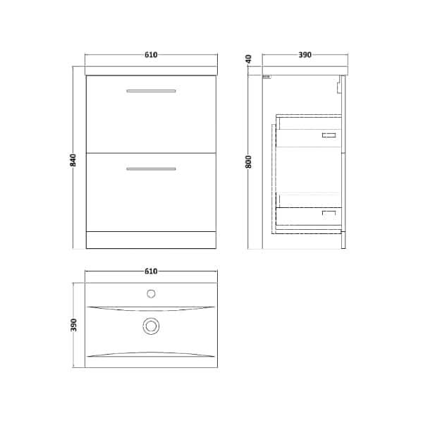 Nuie Arno 2 Drawer Floorstanding Vanity Unit With Basin-1 600mm Wide