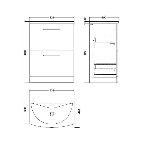 Technical drawing of the Nuie Arno 2 Drawer Floorstanding Vanity Unit With Basin-4 600mm Wide by Nuie, showing front, side, and top views. Dimensions: width 610mm, depth 390mm, height 830mm. Drawer and shelf layout shown.