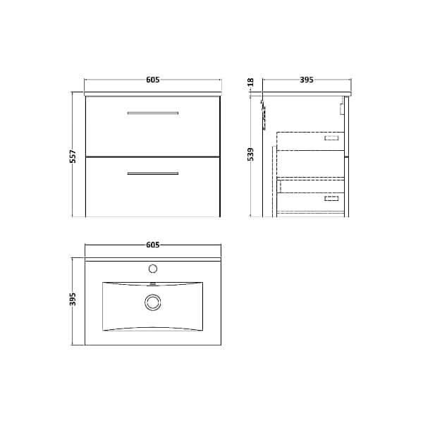Nuie Arno 2 Drawer Wall Hung Vanity Unit With Basin-2 600mm Wide