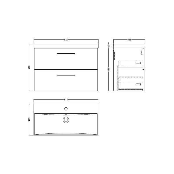 Nuie Arno 2 Drawer Wall Hung Vanity Unit With Basin-3 800mm Wide