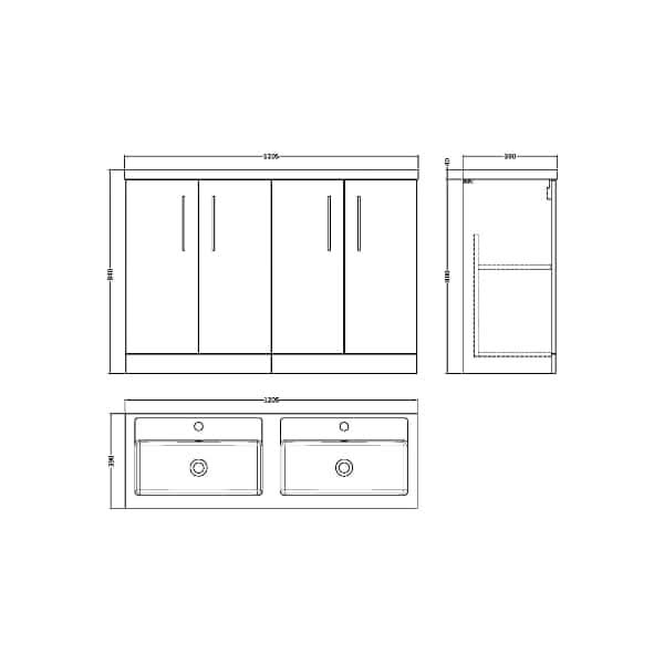 Technical drawing of the Nuie Arno 4 Door Floorstanding Vanity Unit With Double Polymarble Basin 1200mm Wide by Nuie, showing front, side, and top views. Features two basins, cabinet doors below, and measures 1205x390x815 mm.