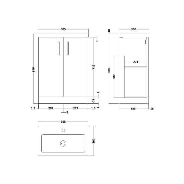 Nuie Arno Compact 2 Door Floorstanding Vanity Unit With Polymarble Basin 600mm Wide